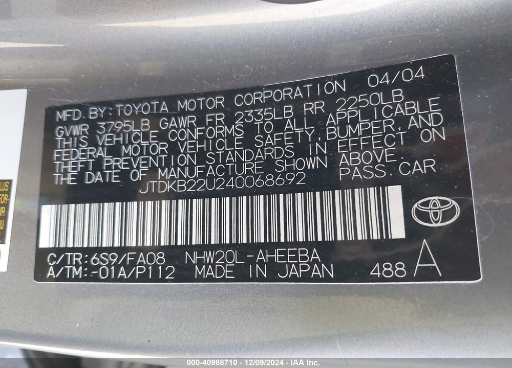 2004 TOYOTA PRIUS VIN: JTDKB22U240068692