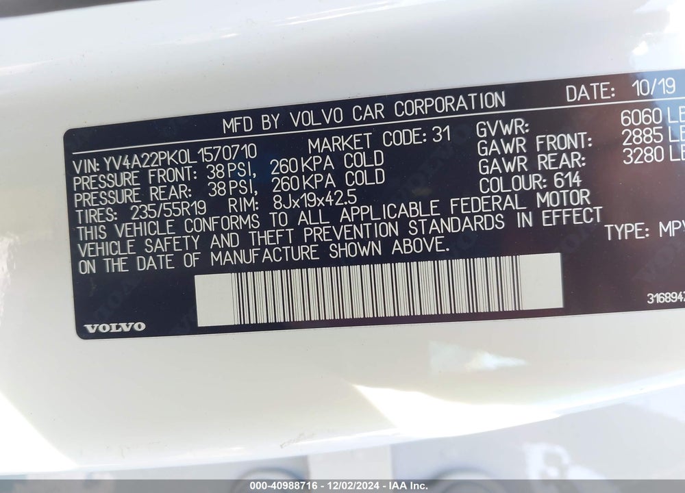 2020 VOLVO XC90 T6 MOMENTUM 7 PASSENGER VIN: YV4A22PK0L1570710