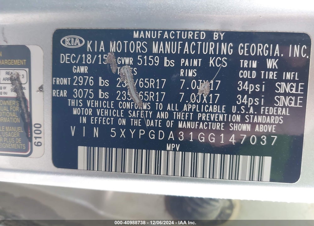 2016 KIA SORENTO 2.4L LX VIN: 5XYPGDA31GG147037