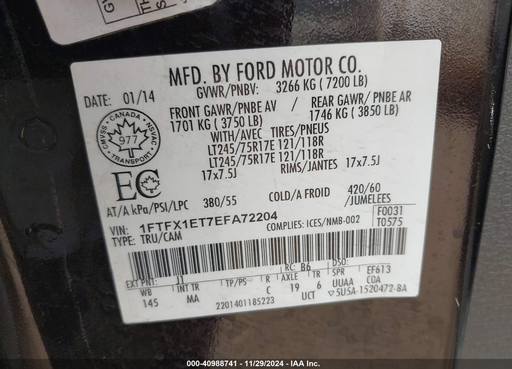 2014 FORD F-150 XLT VIN: 1FTFX1ET7EFA72204