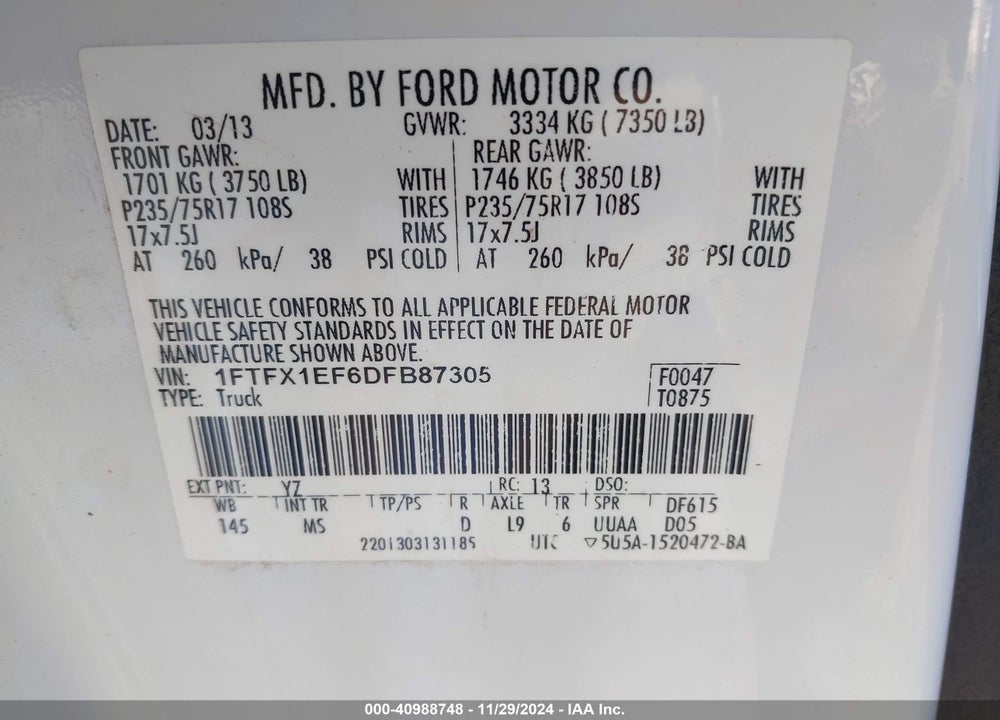 2013 FORD F-150 VIN: 1FTFX1EF6DFB87305