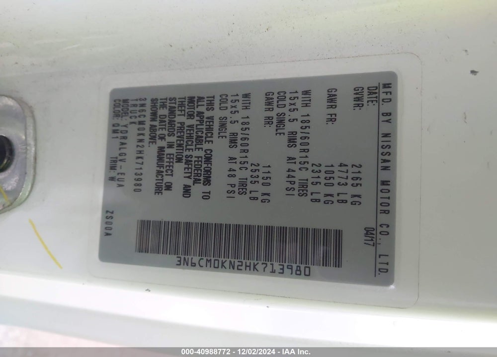 2017 NISSAN NV200 SV VIN: 3N6CM0KN2HK713980