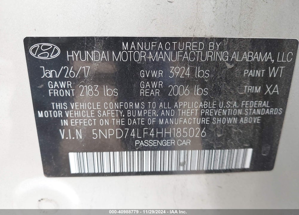 2017 HYUNDAI ELANTRA SE VIN: 5NPD74LF4HH185026