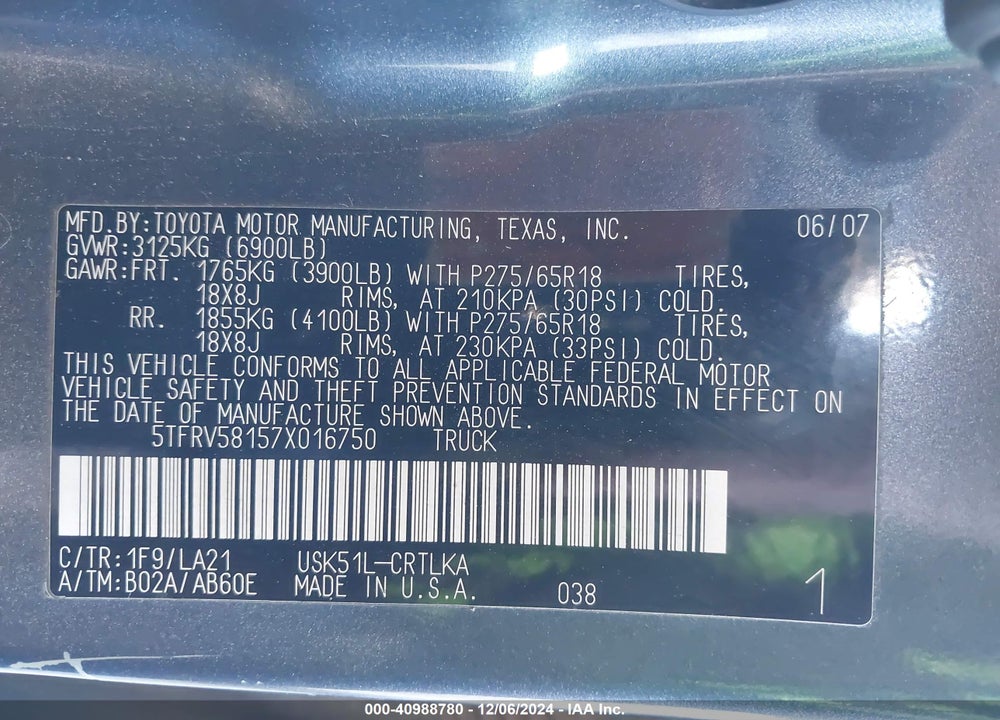 2007 TOYOTA TUNDRA LIMITED 5.7L V8 VIN: 5TFRV58157X016750