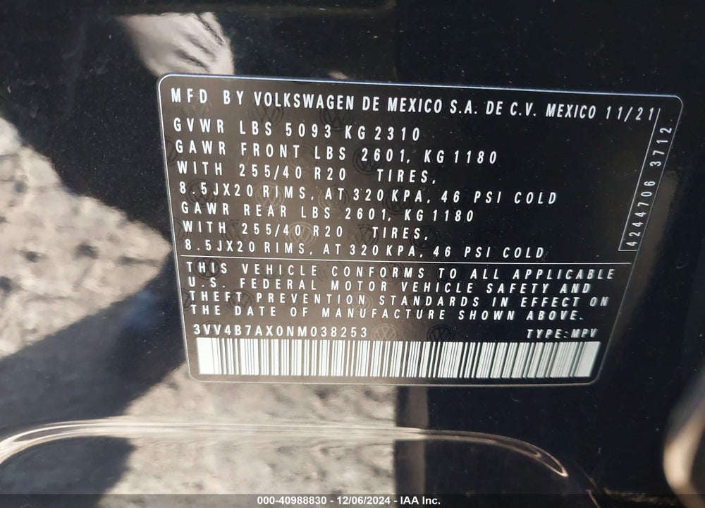2022 VOLKSWAGEN TIGUAN 2.0T SEL R-LINE VIN: 3VV4B7AX0NM038253