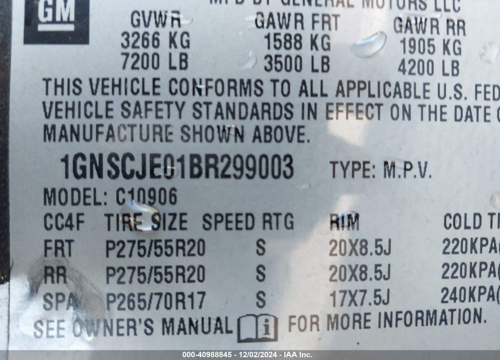 2011 CHEVROLET SUBURBAN 1500 LT1 VIN: 1GNSCJE01BR299003