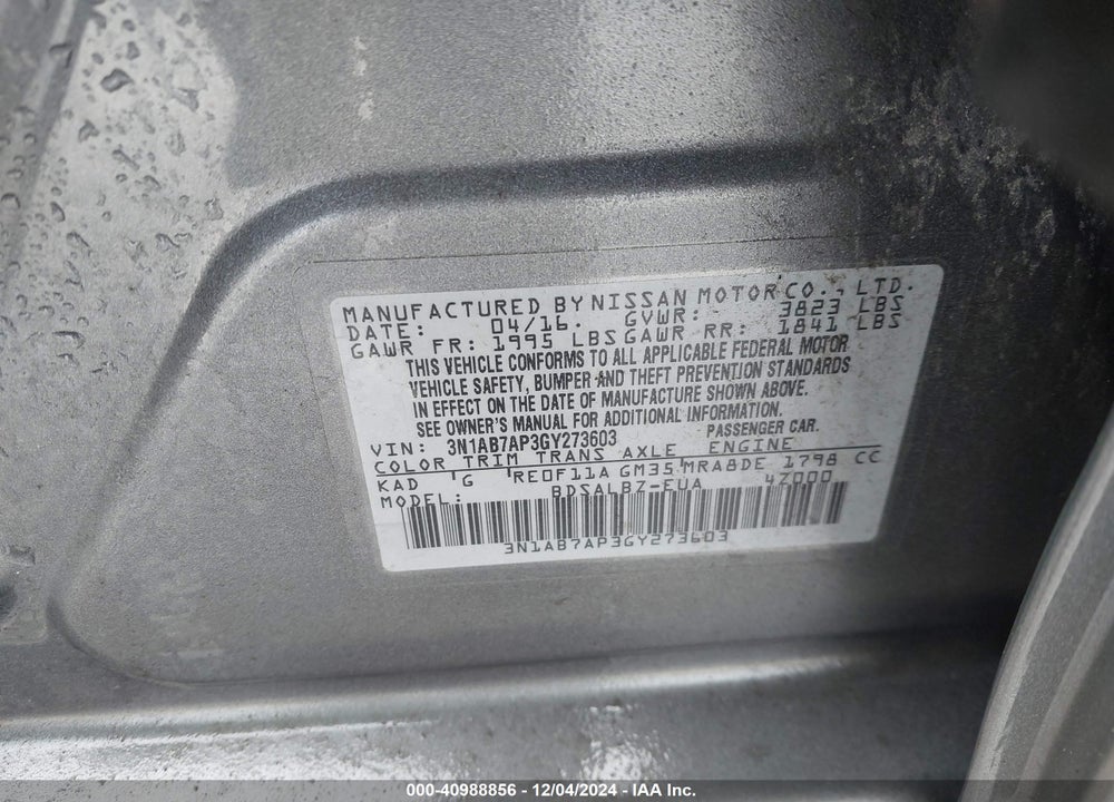 2016 NISSAN SENTRA S VIN: 3N1AB7AP3GY273603