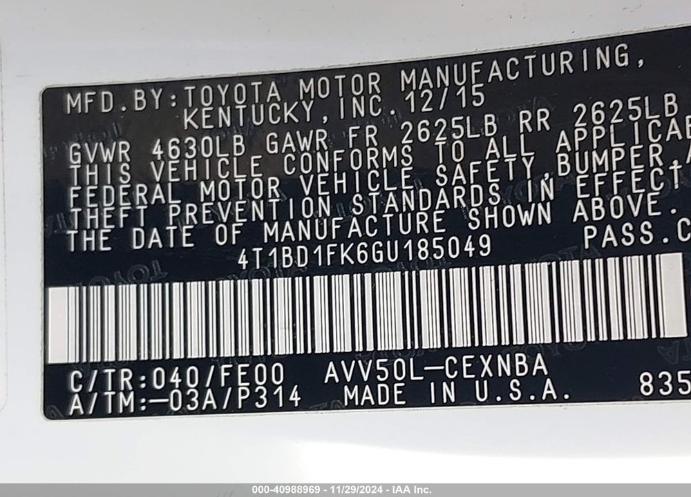 2016 TOYOTA CAMRY HYBRID LE VIN: 4T1BD1FK6GU185049