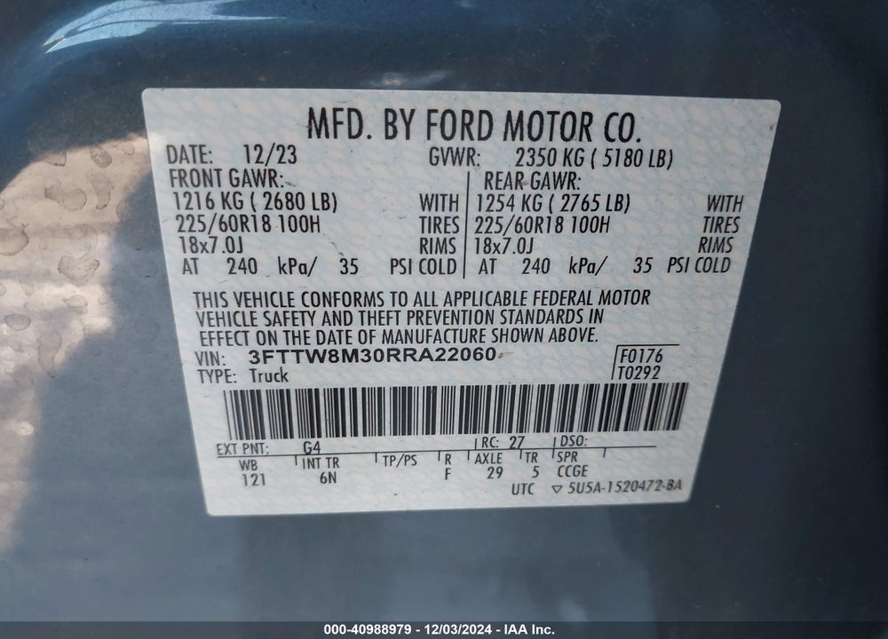 2024 FORD MAVERICK LARIAT VIN: 3FTTW8M30RRA22060