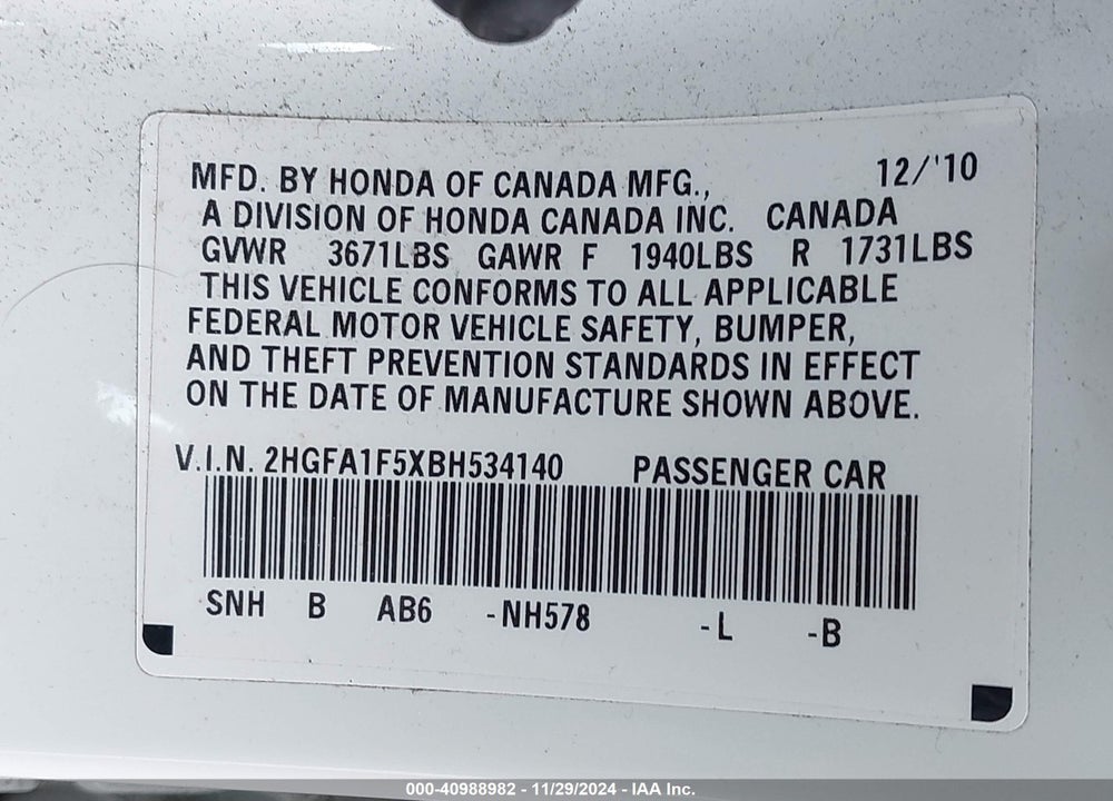 2011 HONDA CIVIC LX VIN: 2HGFA1F5XBH534140