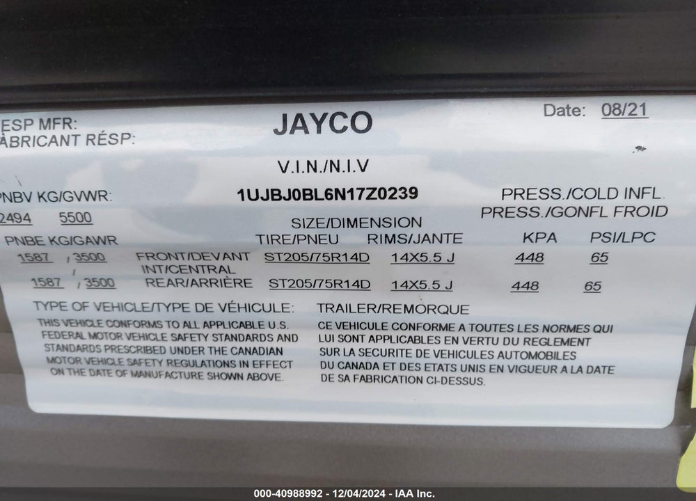 2022 JAYCO 212QV VIN: 1UJBJ0BL6N17Z0239