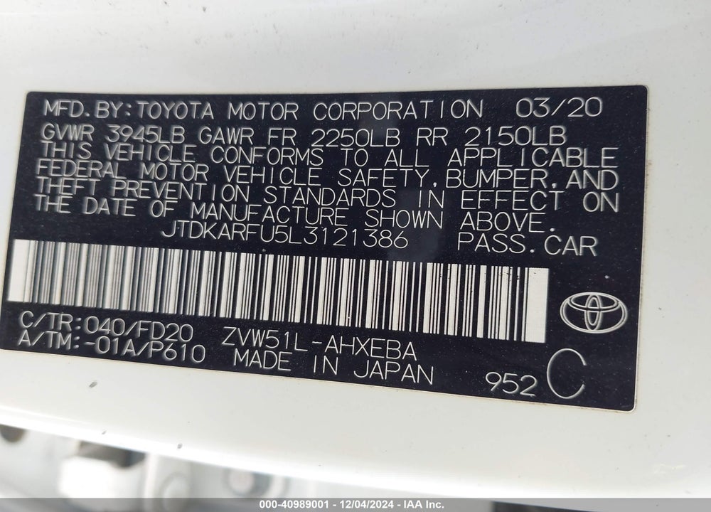 2020 TOYOTA PRIUS VIN: JTDKARFU5L3121386