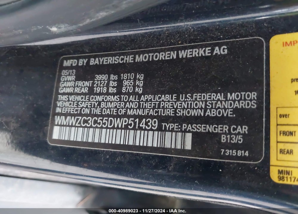 2013 MINI COUNTRYMAN COOPER S VIN: WMWZC3C55DWP51439