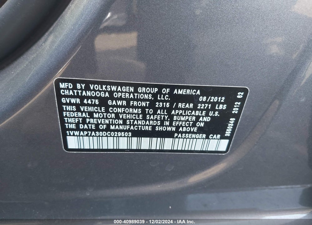 2013 VOLKSWAGEN PASSAT 2.5L S VIN: 1VWAP7A30DC029503