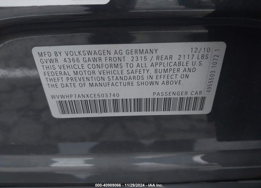 2012 VOLKSWAGEN CC LUX VIN: WVWHP7ANXCE503740