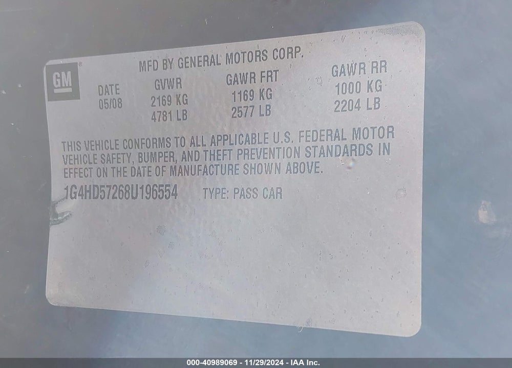 2008 BUICK LUCERNE CXL VIN: 1G4HD57268U196554