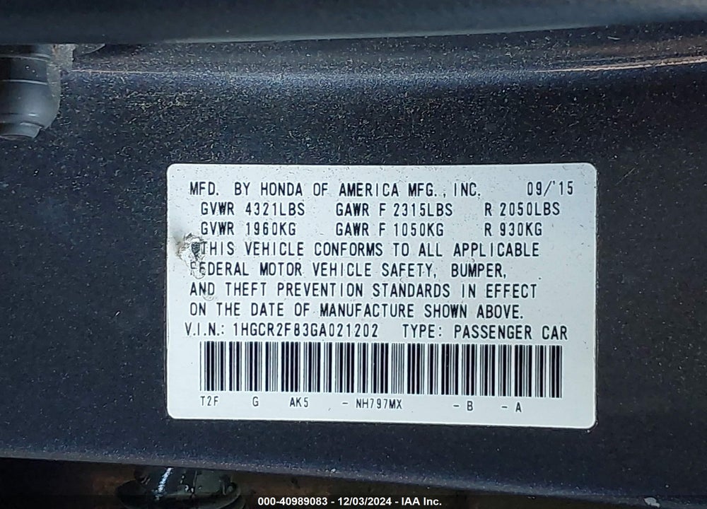 2016 HONDA ACCORD EX-L VIN: 1HGCR2F83GA021202