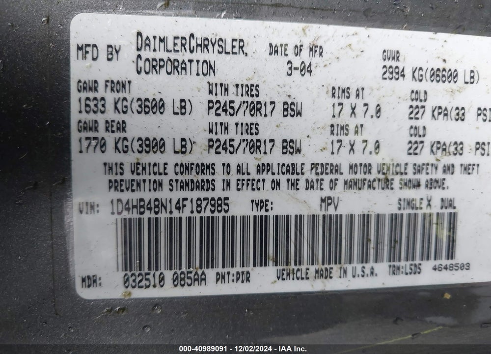 2004 DODGE DURANGO SLT VIN: 1D4HB48N14F187985