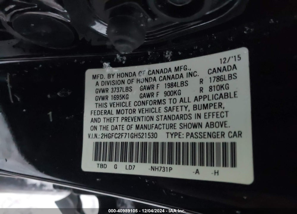 2016 HONDA CIVIC VIN: 2HGFC2F71GH521530