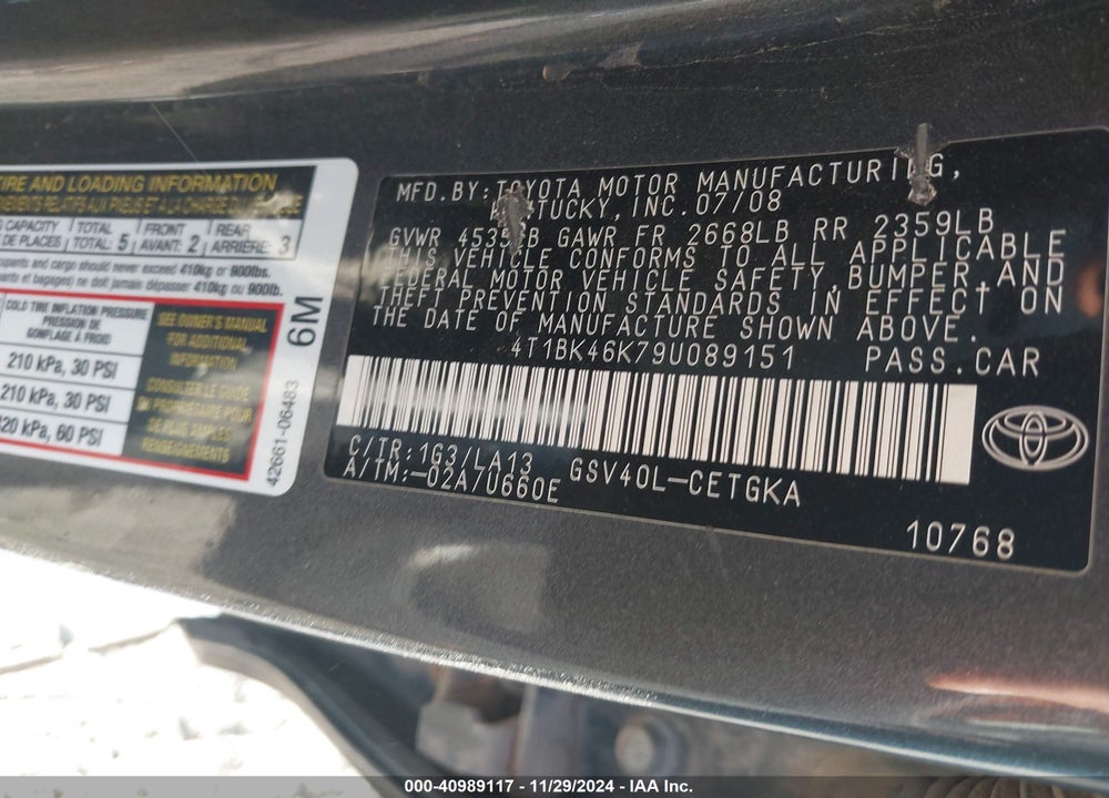 2009 TOYOTA CAMRY XLE V6 VIN: 4T1BK46K79U089151