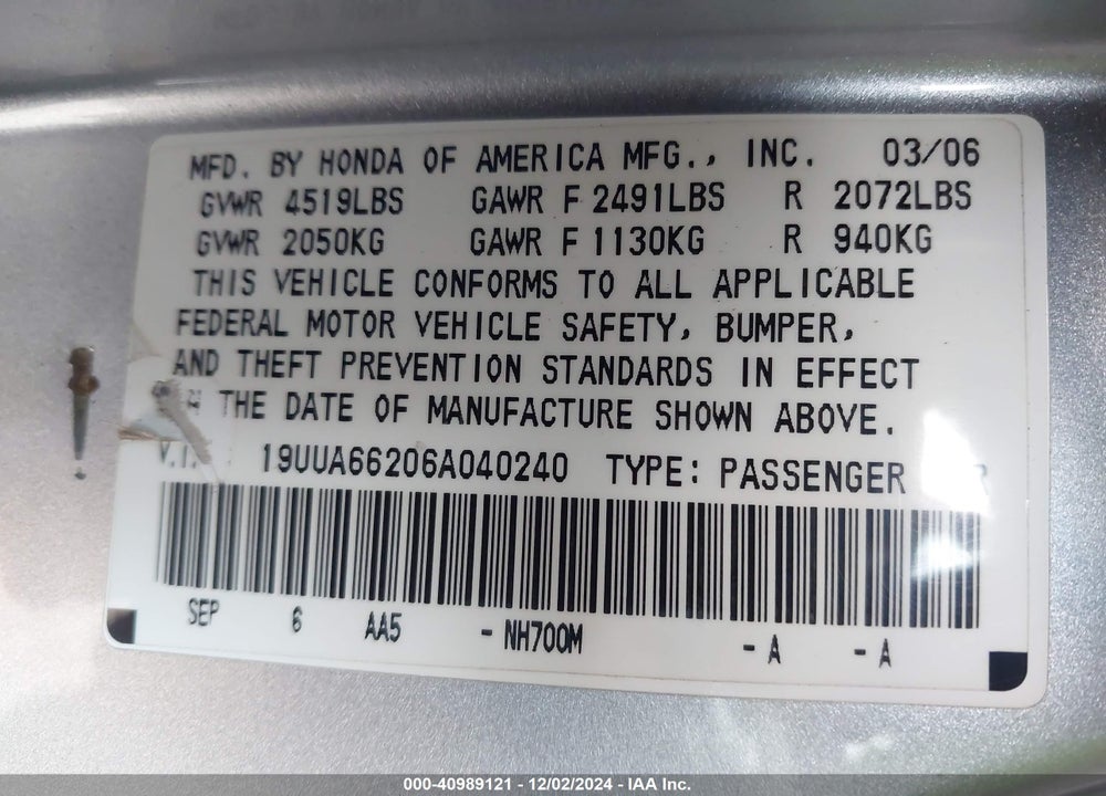 2006 ACURA TL VIN: 19UUA66206A040240