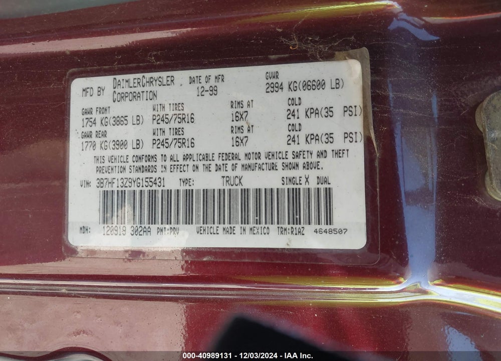 2000 DODGE RAM 1500 ST VIN: 3B7HF13Z9YG155431