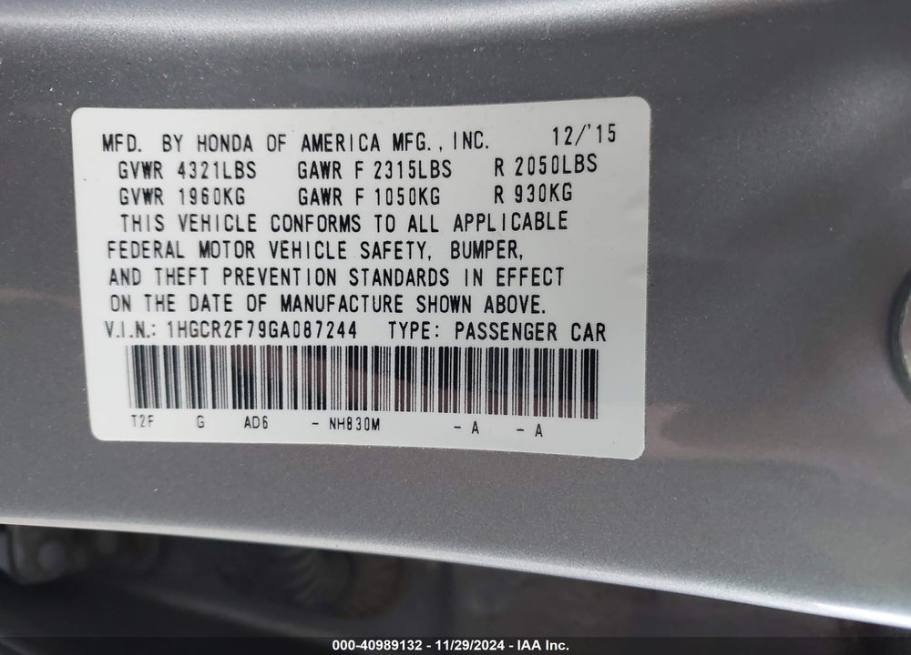 2016 HONDA ACCORD EX VIN: 1HGCR2F79GA087244