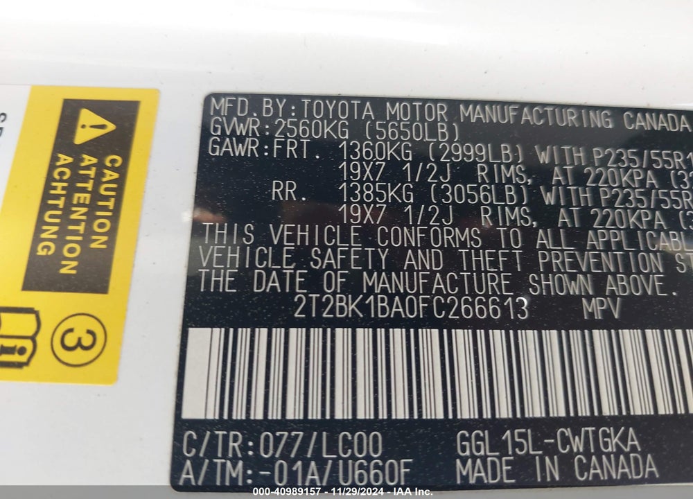 2015 LEXUS RX 350 VIN: 2T2BK1BA0FC266613