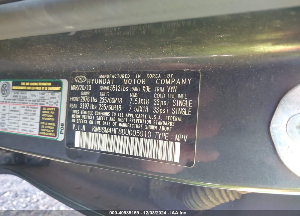 2013 HYUNDAI SANTA FE GLS VIN: KM8SM4HF8DU005910