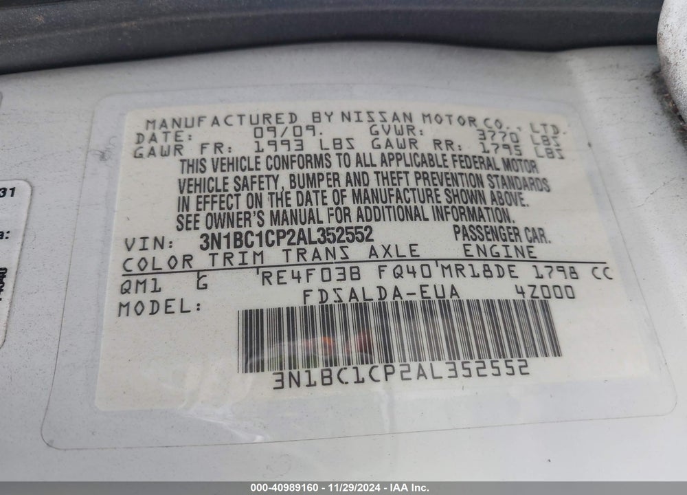 2010 NISSAN VERSA 1.8S VIN: 3N1BC1CP2AL352552