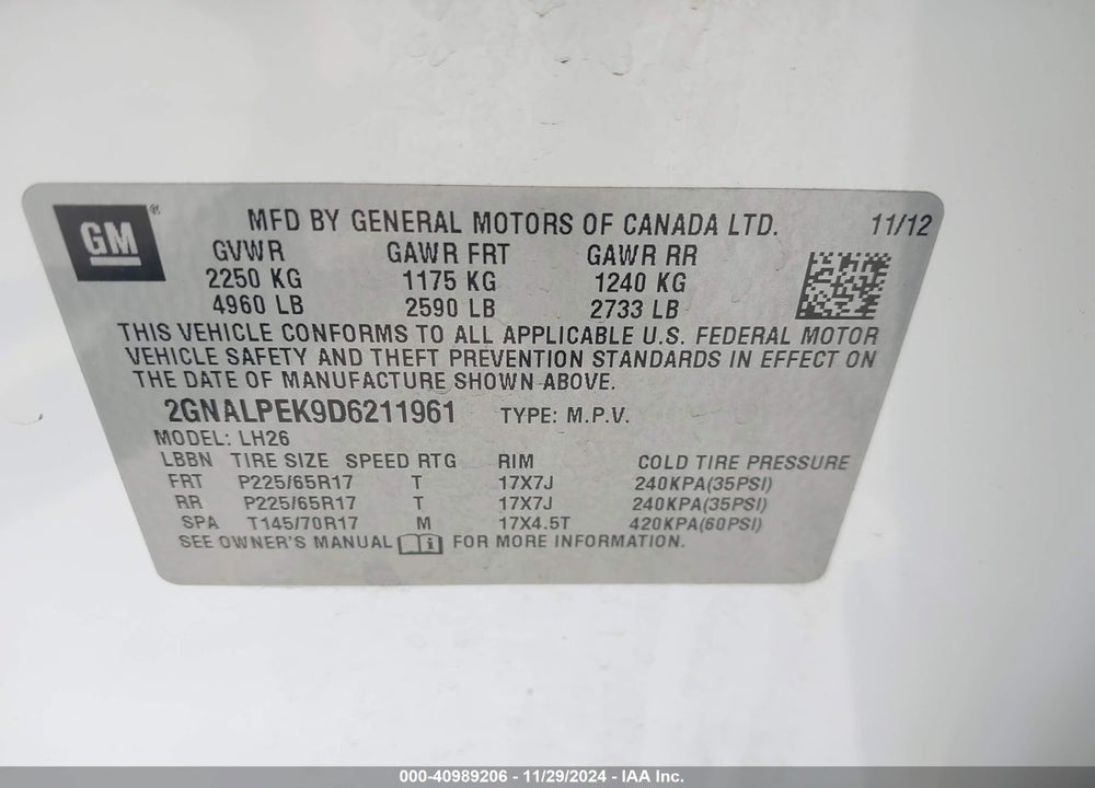 2013 CHEVROLET EQUINOX 2LT VIN: 2GNALPEK9D6211961