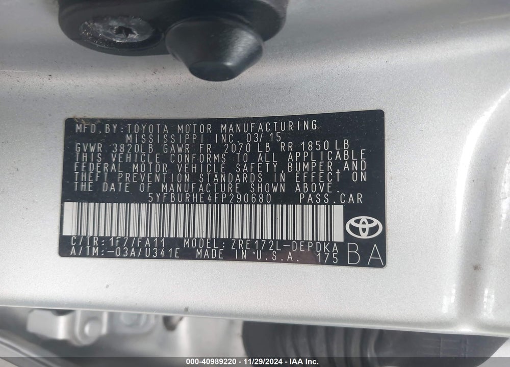 2015 TOYOTA COROLLA VIN: 5YFBURHE4FP290680