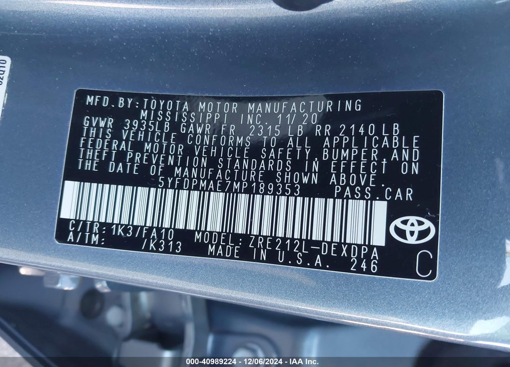 2021 TOYOTA COROLLA L VIN: 5YFDPMAE7MP189353