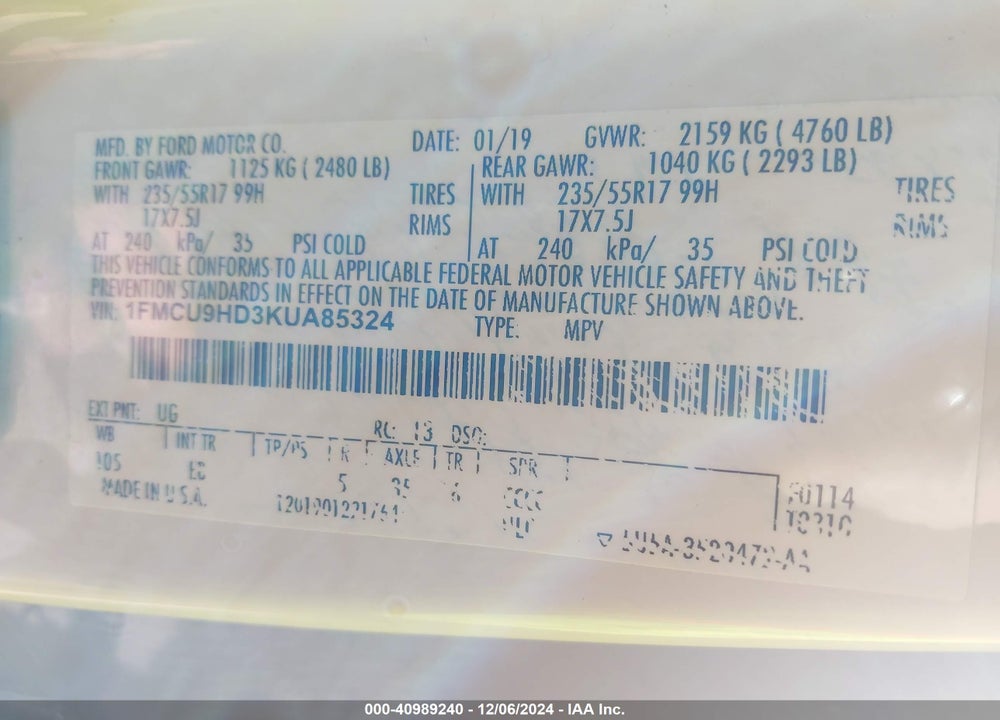 2019 FORD ESCAPE SEL VIN: 1FMCU9HD3KUA85324