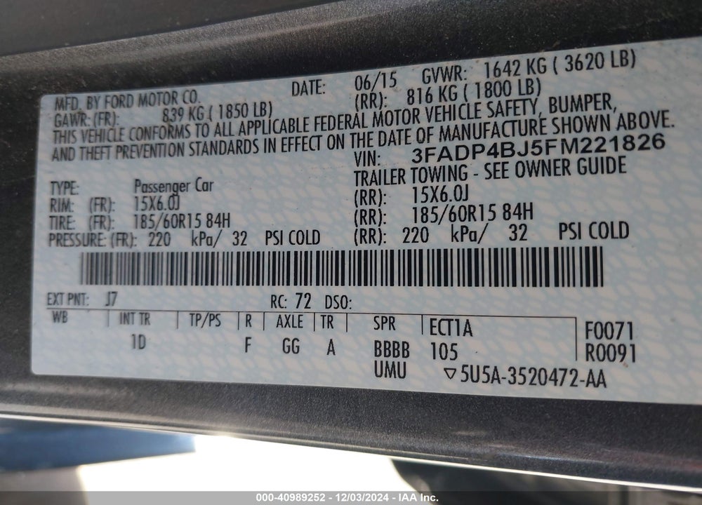 2015 FORD FIESTA SE VIN: 3FADP4BJ5FM221826