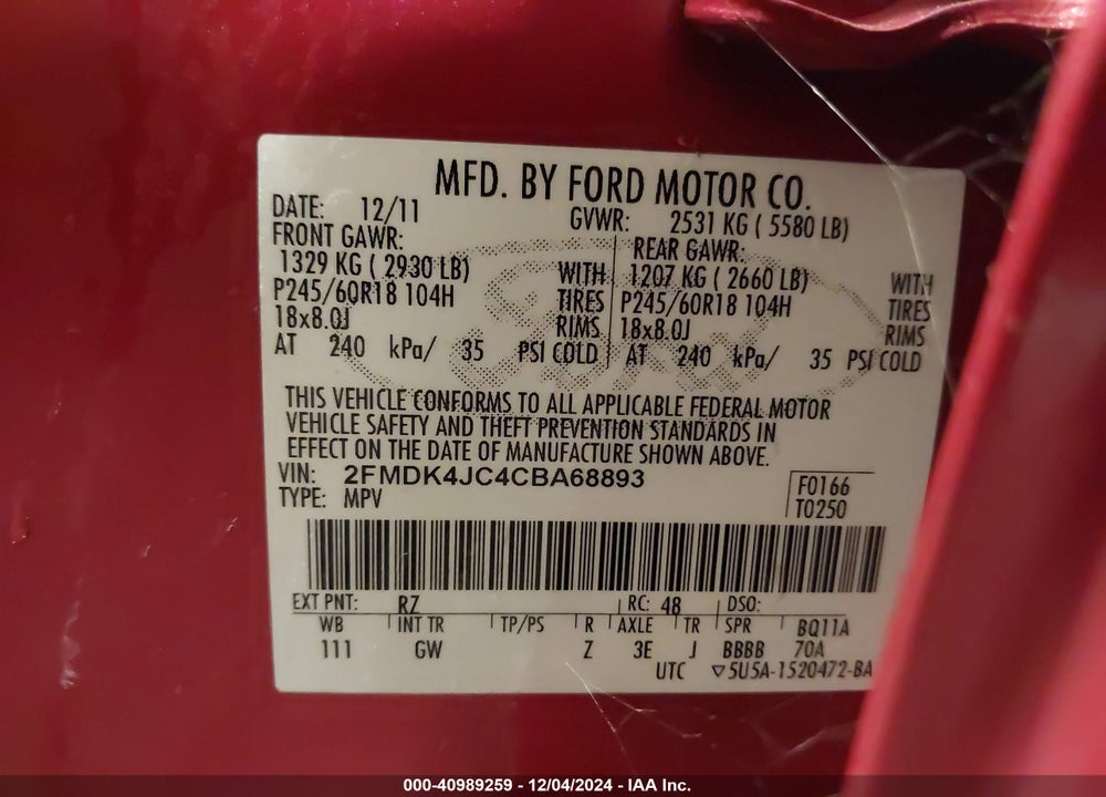2012 FORD EDGE SEL VIN: 2FMDK4JC4CBA68893