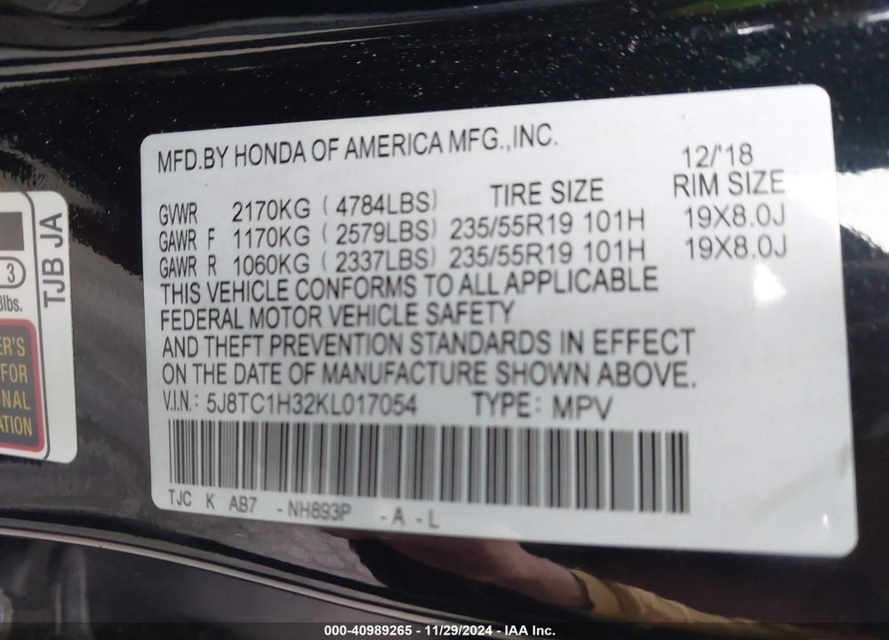 2019 ACURA RDX STANDARD VIN: 5J8TC1H32KL017054