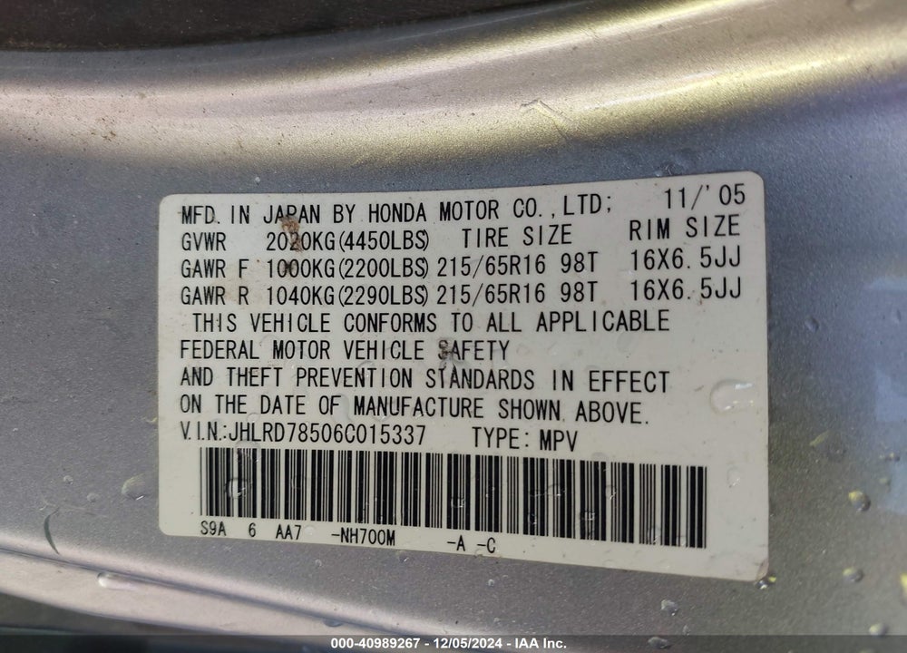 2006 HONDA CR-V LX VIN: JHLRD78506C015337