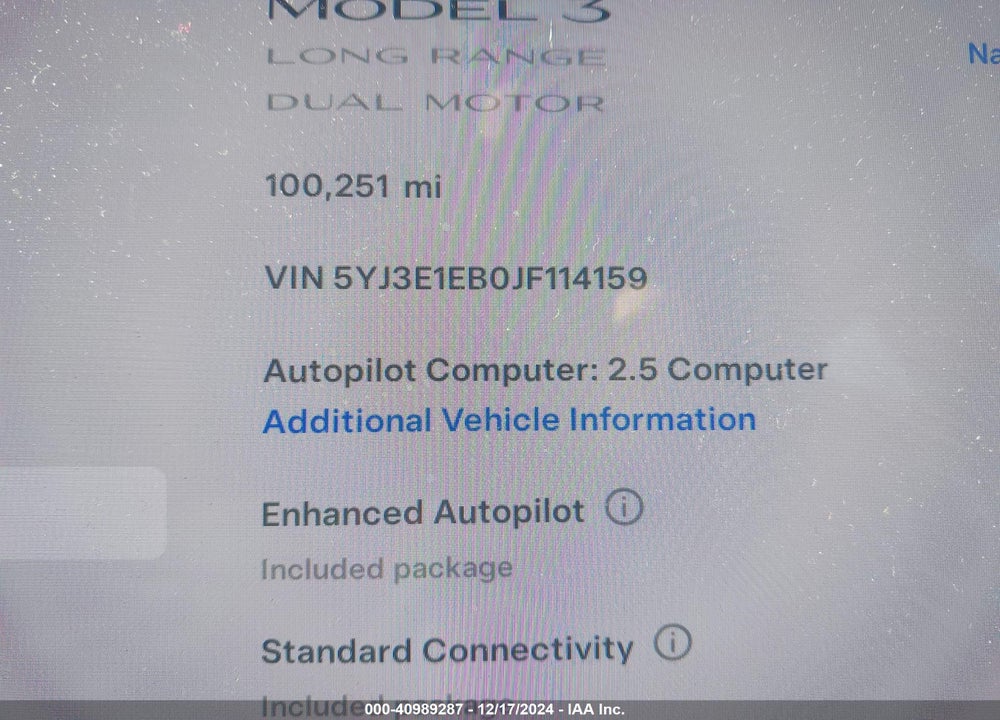2018 TESLA MODEL 3 LONG RANGE/PERFORMANCE VIN: 5YJ3E1EB0JF114159