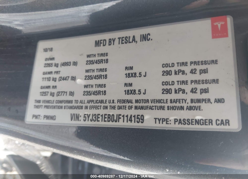 2018 TESLA MODEL 3 LONG RANGE/PERFORMANCE VIN: 5YJ3E1EB0JF114159
