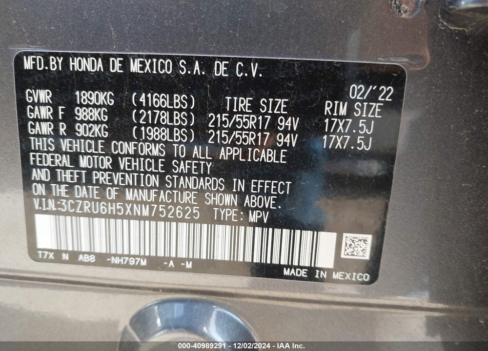 2022 HONDA HR-V AWD EX VIN: 3CZRU6H5XNM752625