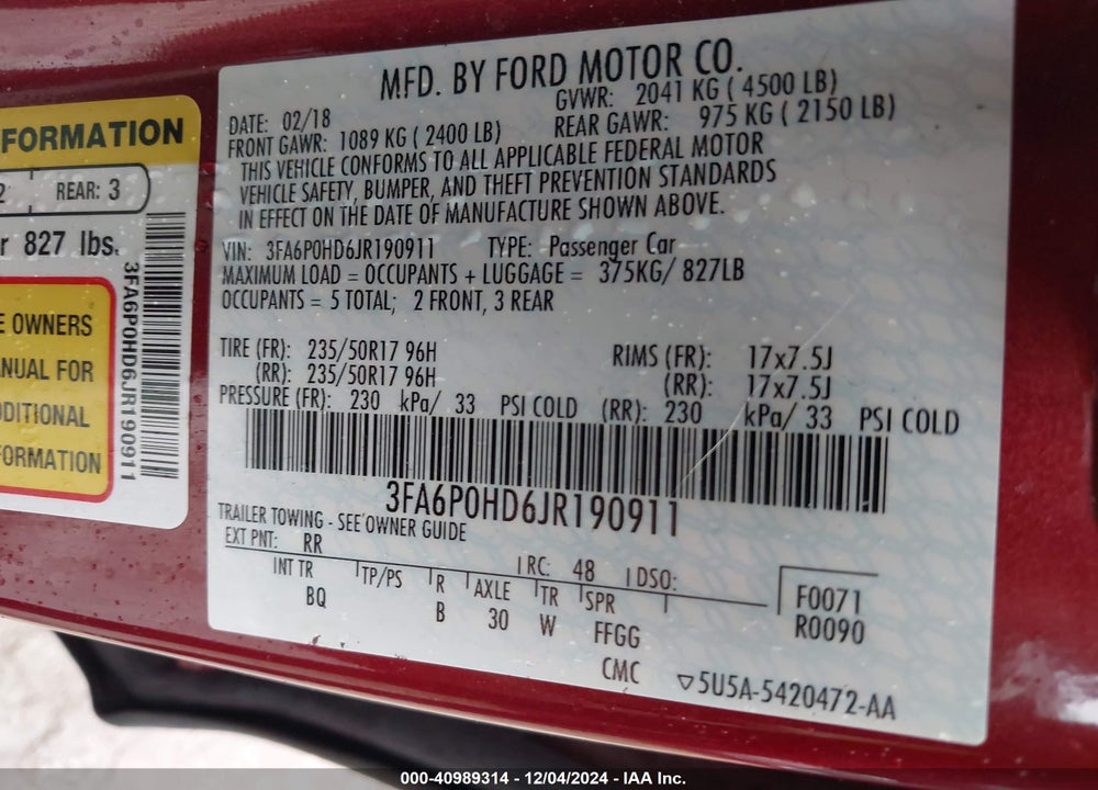 2018 FORD FUSION VIN: 3FA6P0HD6JR190911