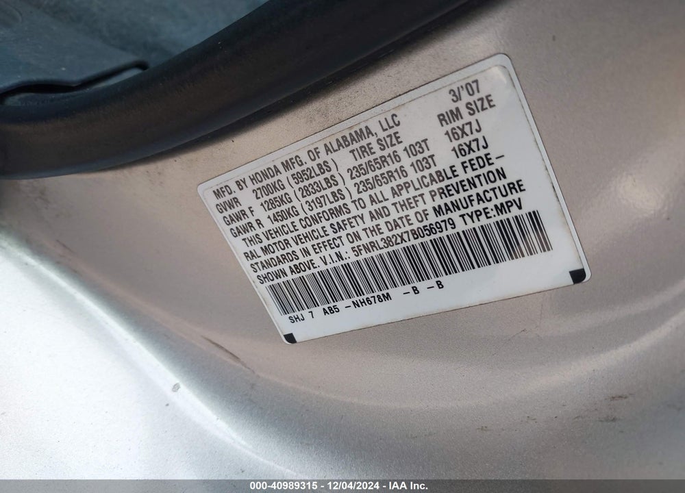 2007 HONDA ODYSSEY LX VIN: 5FNRL382X7B056979