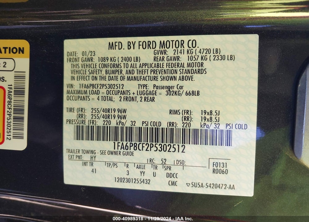 2023 FORD MUSTANG VIN: 1FA6P8CF2P5302512