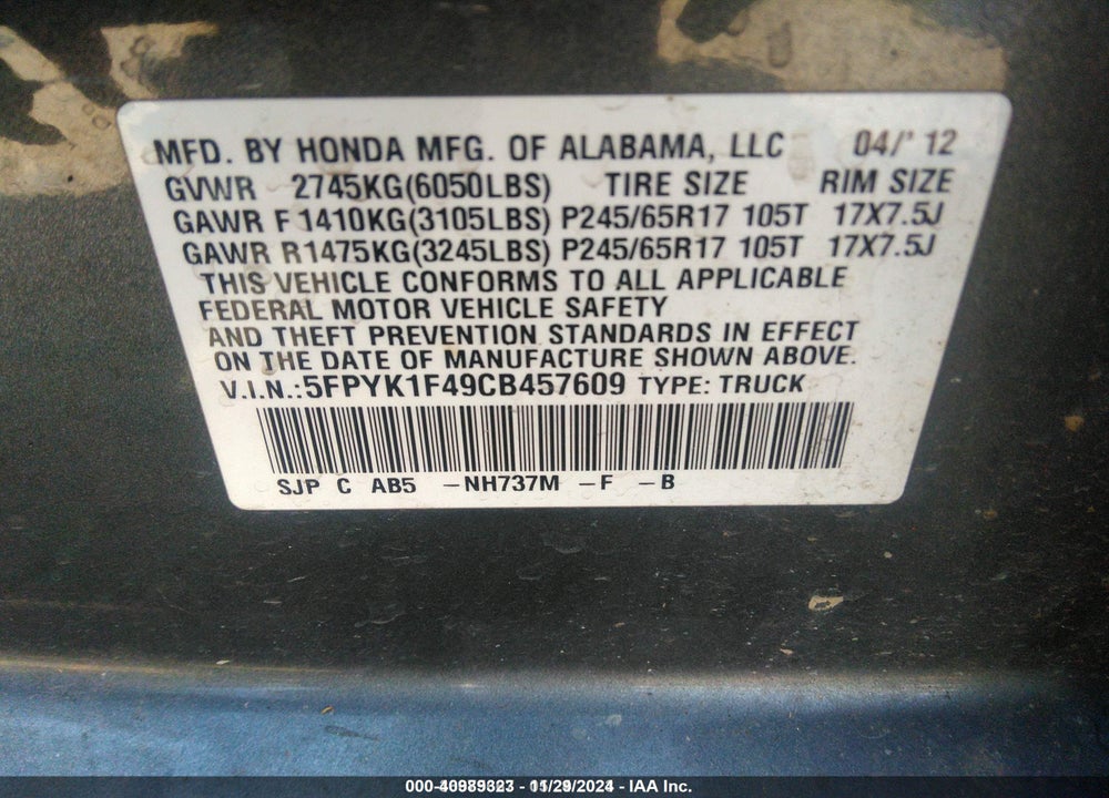 2012 HONDA RIDGELINE RTS VIN: 5FPYK1F49CB457609