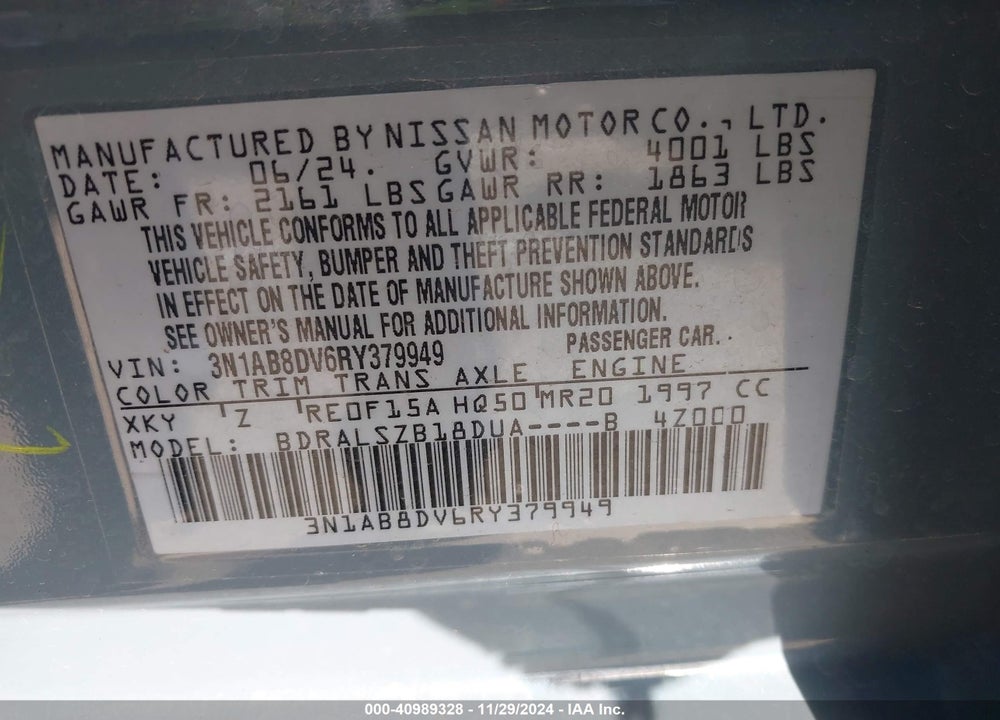2024 NISSAN SENTRA VIN: 3N1AB8DV6RY379949
