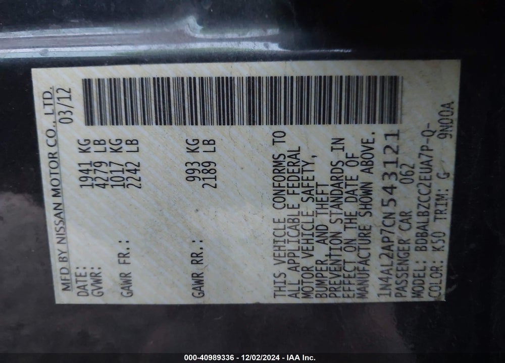 2012 NISSAN ALTIMA 2.5 S VIN: 1N4AL2AP7CN543121