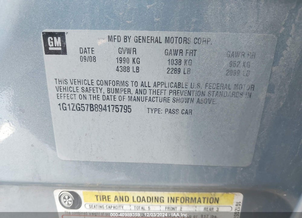 2009 CHEVROLET MALIBU LS VIN: 1G1ZG57B894175795