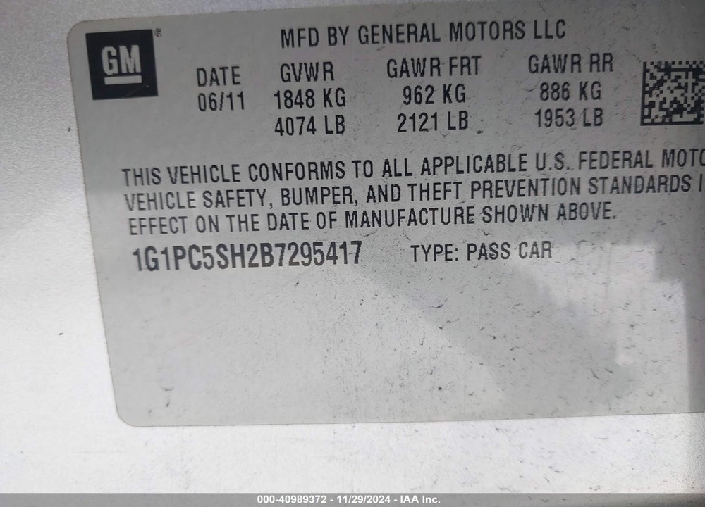 2011 CHEVROLET CRUZE LS VIN: 1G1PC5SH2B7295417
