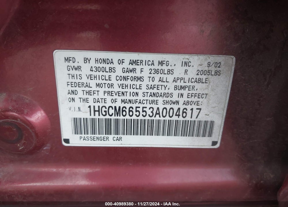 2003 HONDA ACCORD 3.0 EX VIN: 1HGCM66553A004617